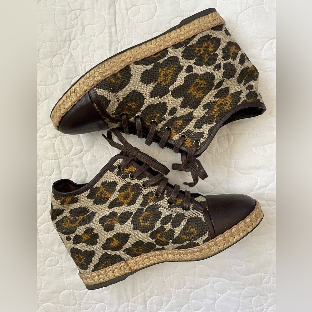Theory Leopard and Brown Leather Lace Up Espadrille Wedge Boots